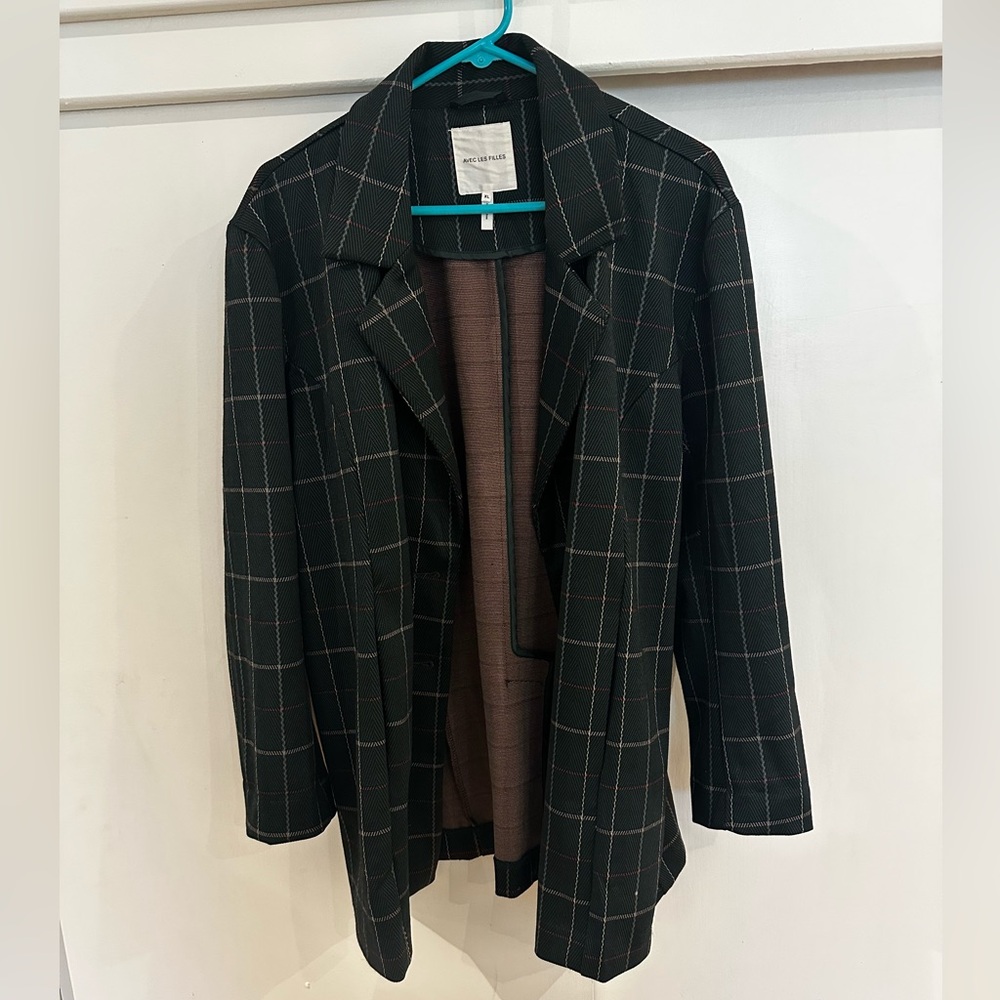 Avec Les Filles Dark Green Plaid Oversized Blazer